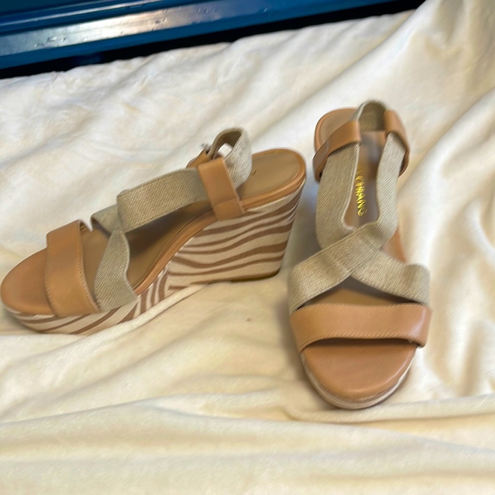 Arturo Chiang stylish tan and light brown striped wedge sandals. Size 6.